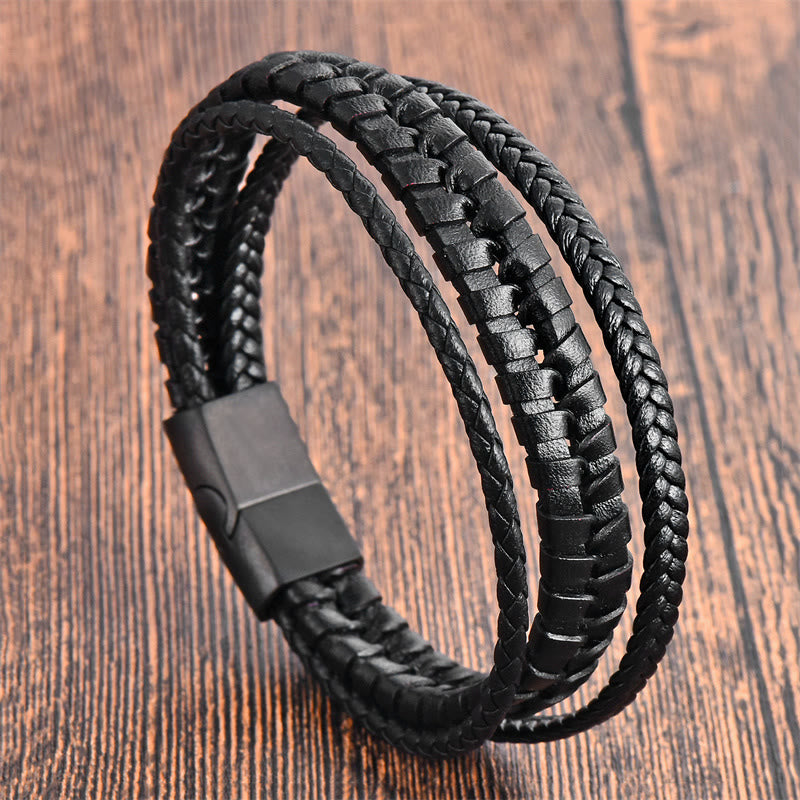 KarmaRipple's Simple Woven Pattern Titanium Steel Strengthen Multi-layer Leather Buckle Bracelet p18