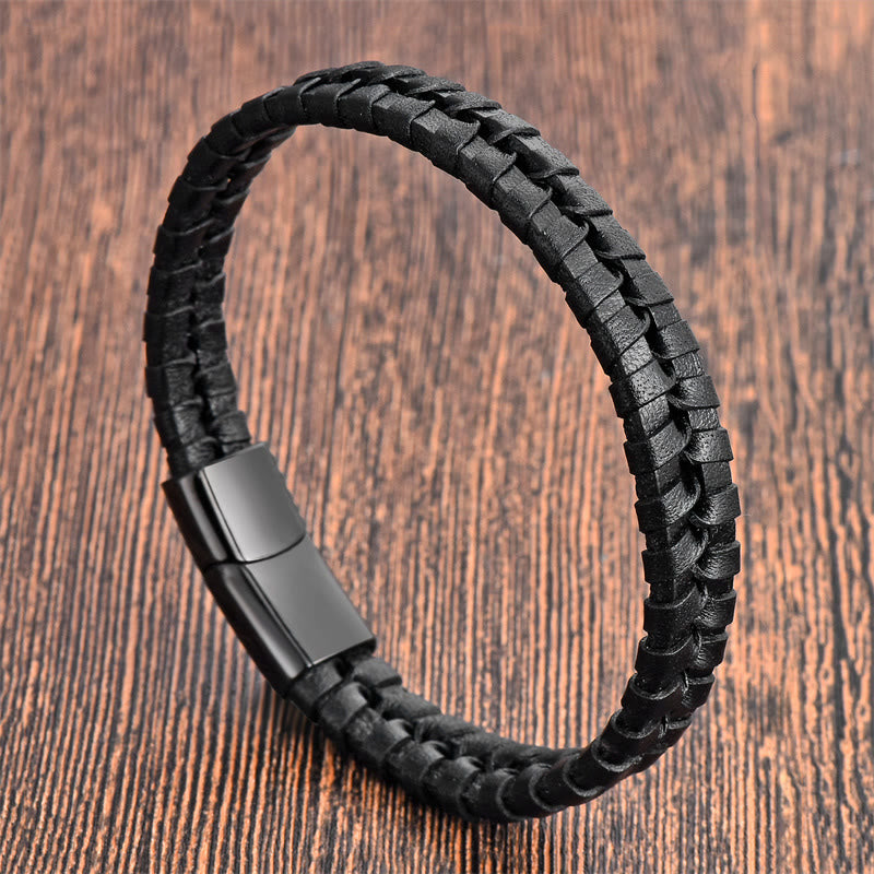 KarmaRipple's Simple Woven Pattern Titanium Steel Strengthen Multi-layer Leather Buckle Bracelet p19