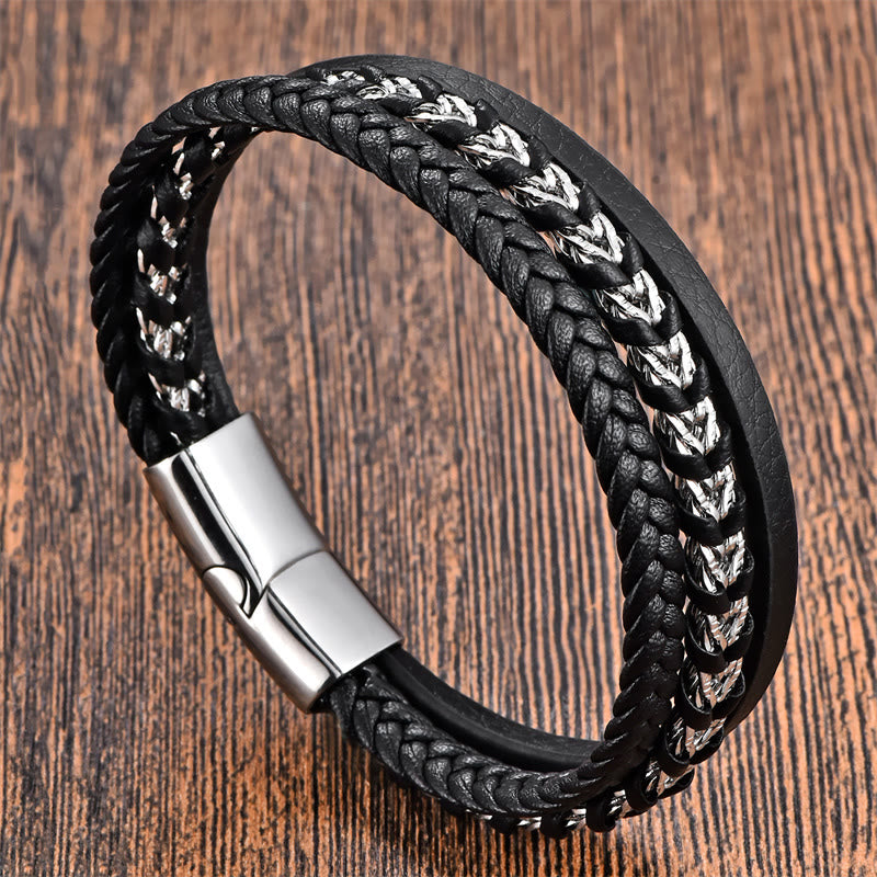 KarmaRipple's Woven Design Titanium Steel Calm Multi-layer Leather Buckle Bracelet p1