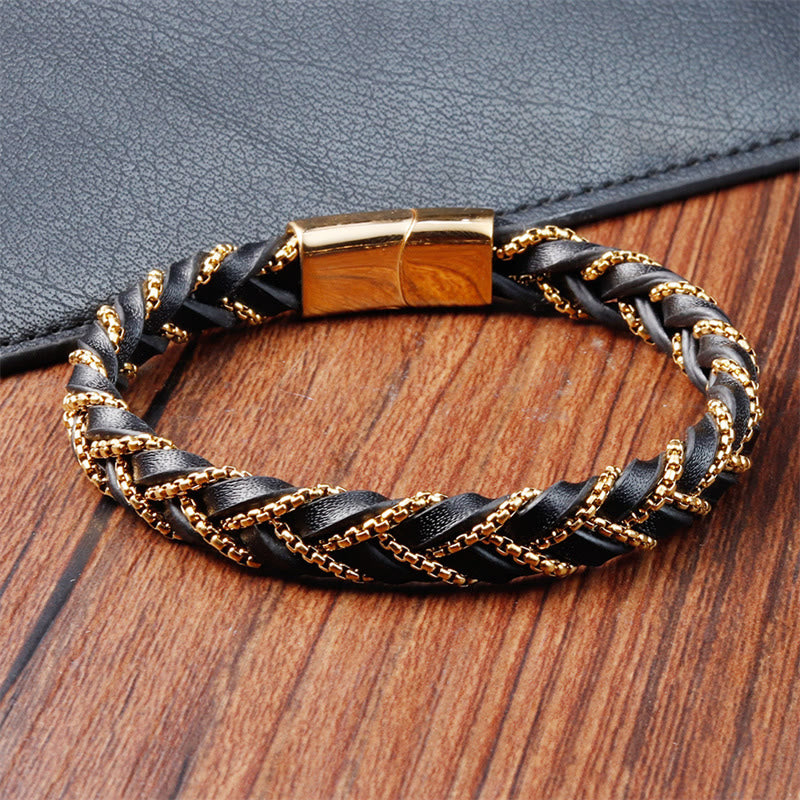 KarmaRipple's Simple Design Titanium Steel Calm Woven Leather Buckle Bracelet p4