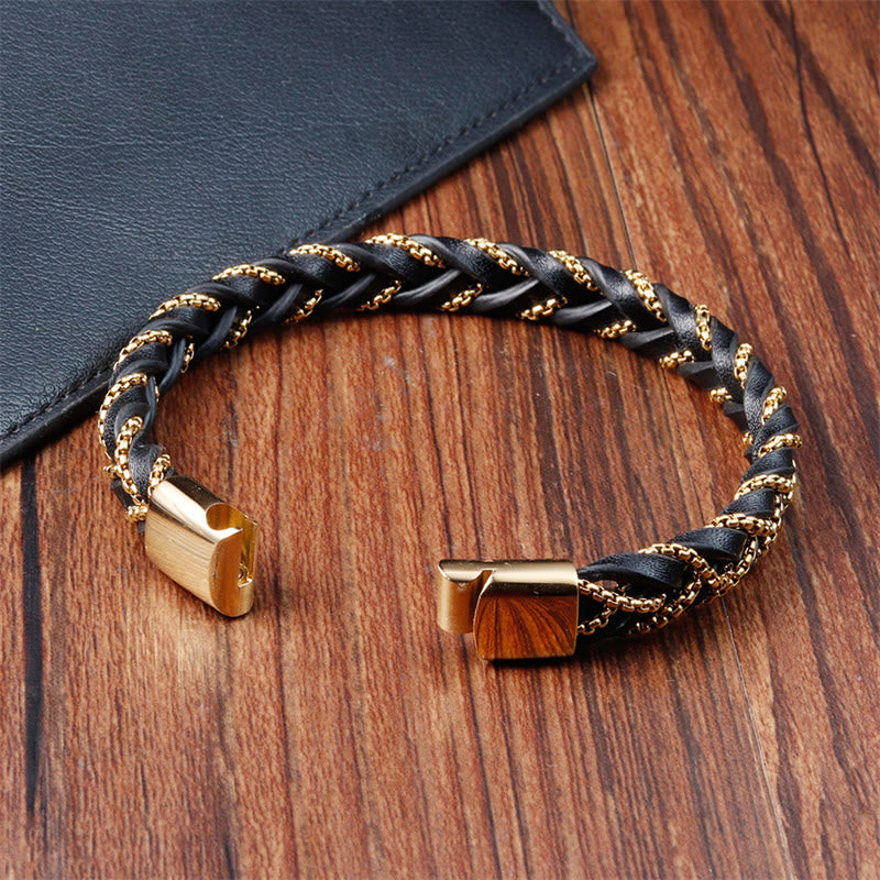 KarmaRipple's Simple Design Titanium Steel Calm Woven Leather Buckle Bracelet p5