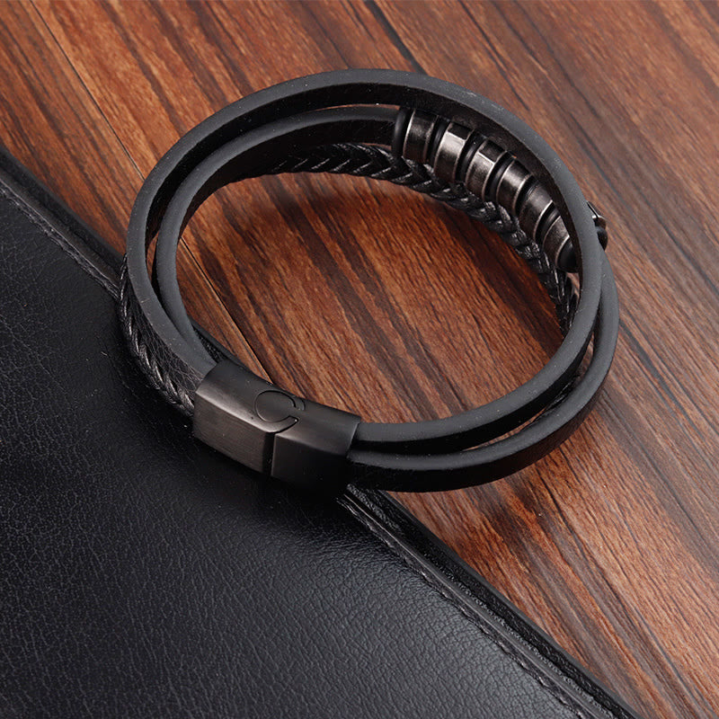KarmaRipple's Simple Titanium Steel Woven Three-layer Leather Buckle Calm Bracelet p4