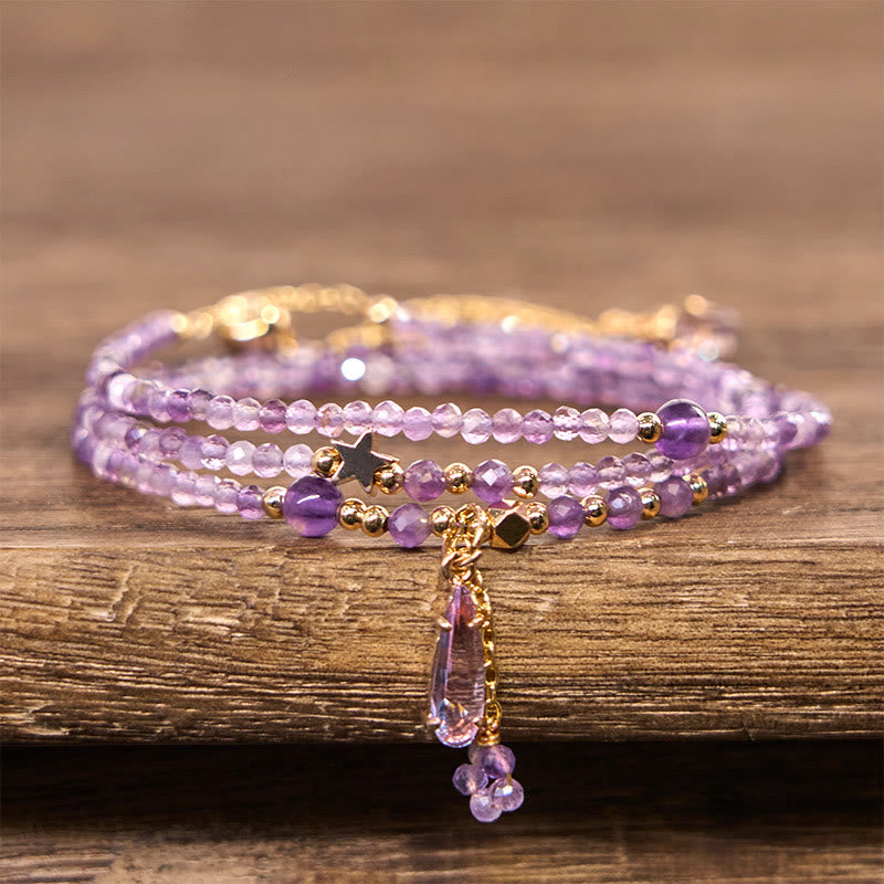 KarmaRipple's Authentic Amethyst Water Drop Star Meditation Triple Wrap Bracelet p2