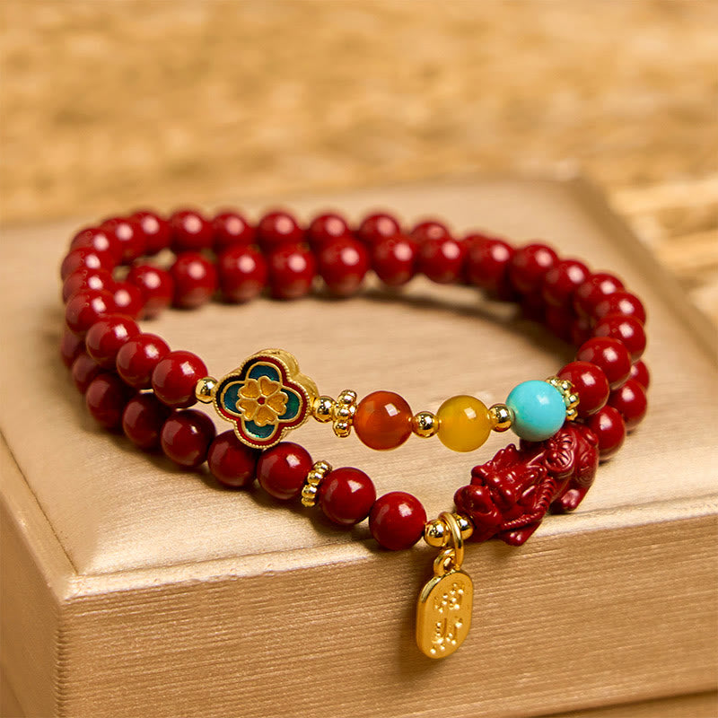 KarmaRipple's Cinnabar PiXiu Fu Character Blessing Double Wrap Bracelet p1