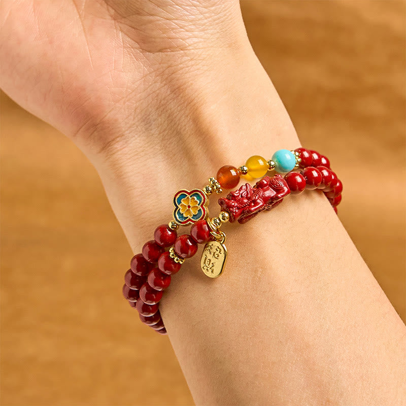 KarmaRipple's Cinnabar PiXiu Fu Character Blessing Double Wrap Bracelet p3