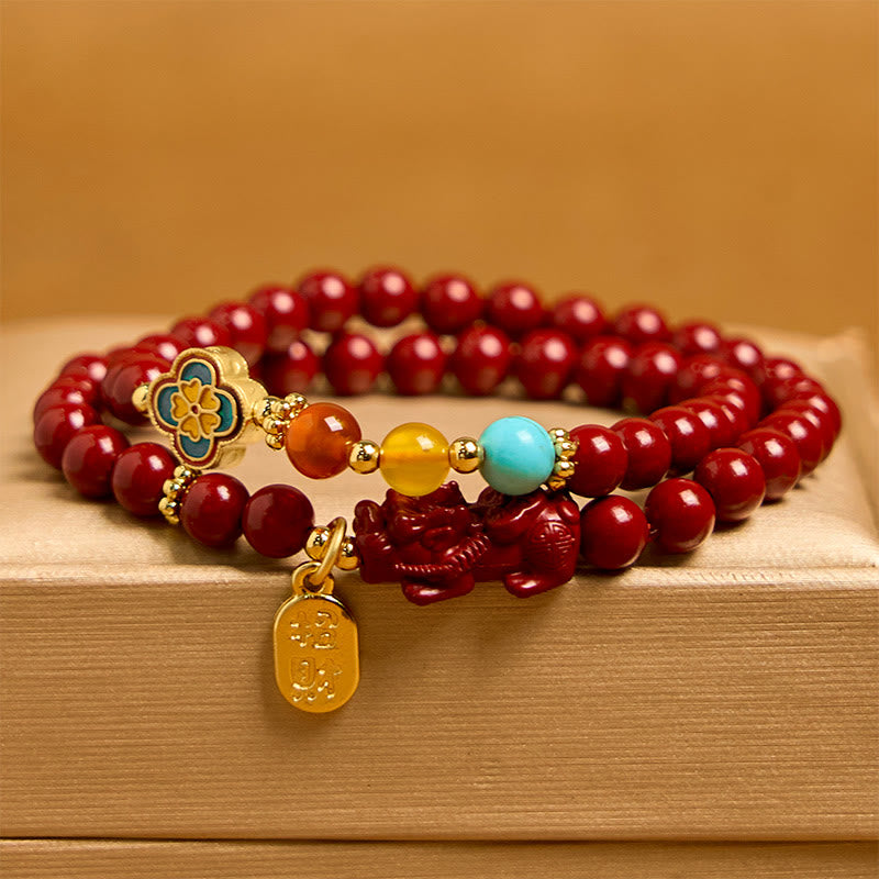 KarmaRipple's Cinnabar PiXiu Fu Character Blessing Double Wrap Bracelet p2