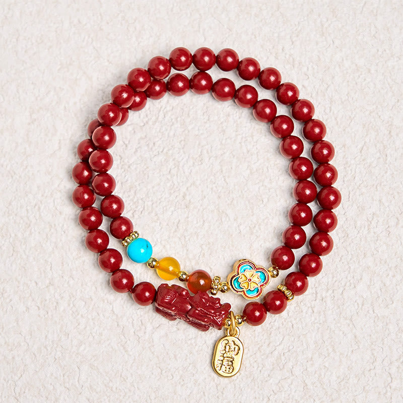 KarmaRipple's Cinnabar PiXiu Fu Character Blessing Double Wrap Bracelet p6