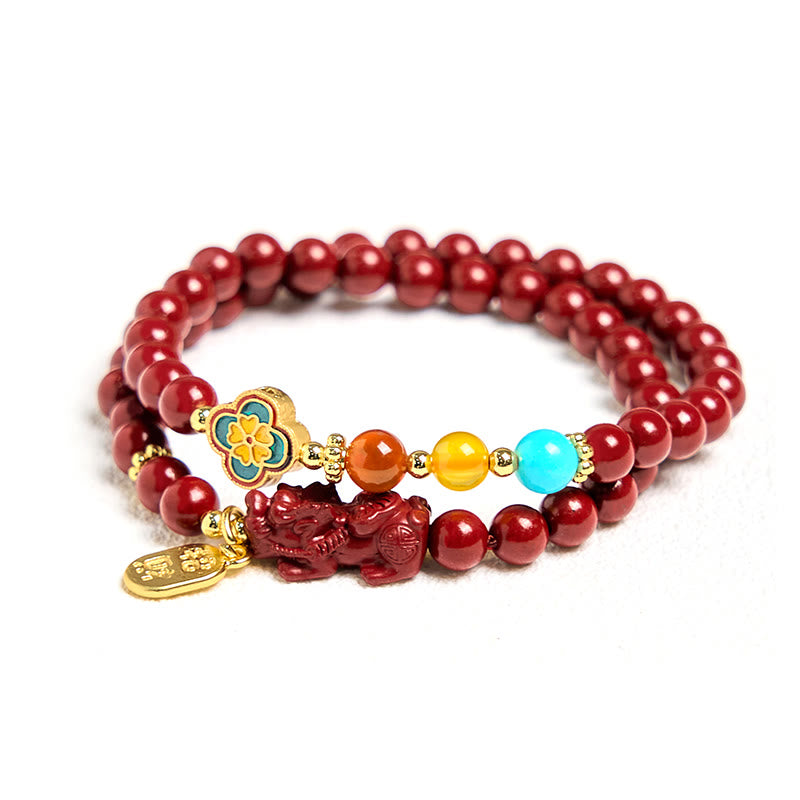 KarmaRipple's Cinnabar PiXiu Fu Character Blessing Double Wrap Bracelet p7
