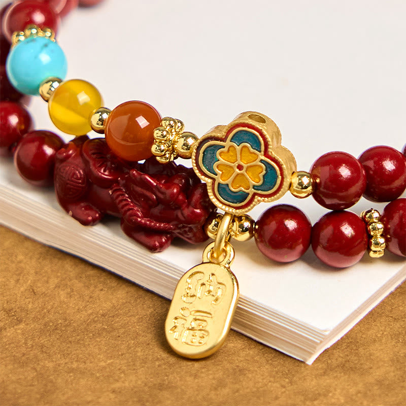 KarmaRipple's Cinnabar PiXiu Fu Character Blessing Double Wrap Bracelet p5