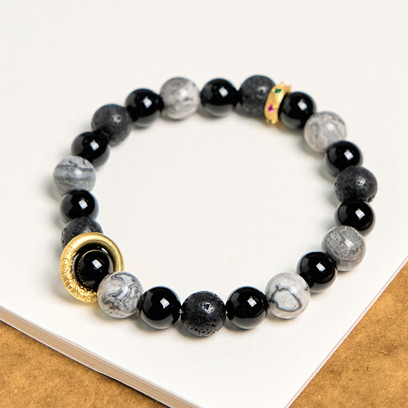 KarmaRipple's Lava Rock Black Onyx Picasso Jasper Balancing Bracelet p1
