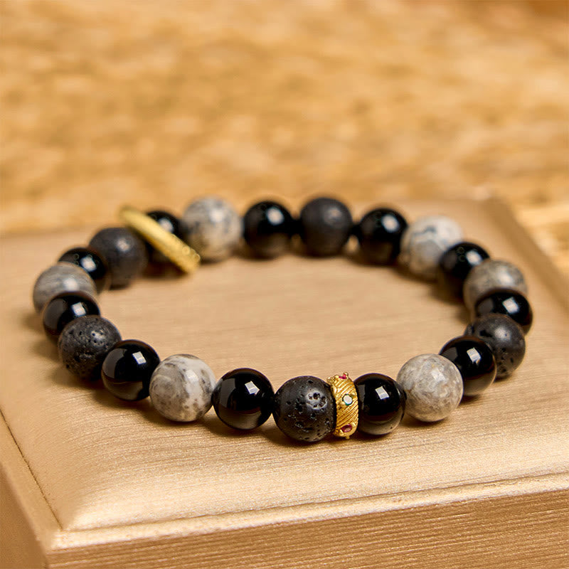 KarmaRipple's Lava Rock Black Onyx Picasso Jasper Balancing Bracelet p2