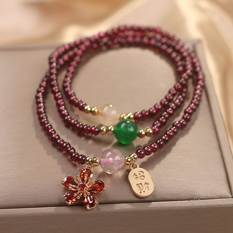 KarmaRipple's Authentic 3mm Ultra-thin Garnet Beadwork Cherry Blossom Flower Attract Fortune Protection Multilayer Bracelet p3