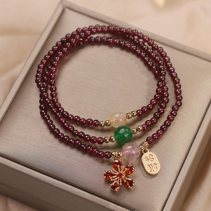 KarmaRipple's Authentic 3mm Ultra-thin Garnet Beadwork Cherry Blossom Flower Attract Fortune Protection Multilayer Bracelet p9