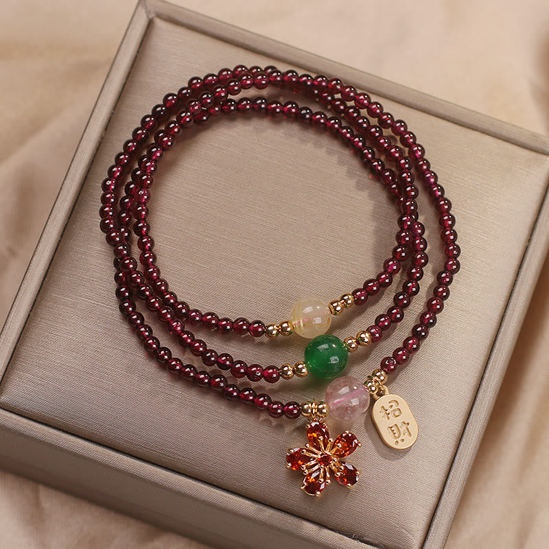 KarmaRipple's Authentic 3mm Ultra-thin Garnet Beadwork Cherry Blossom Flower Attract Fortune Protection Multilayer Bracelet p8