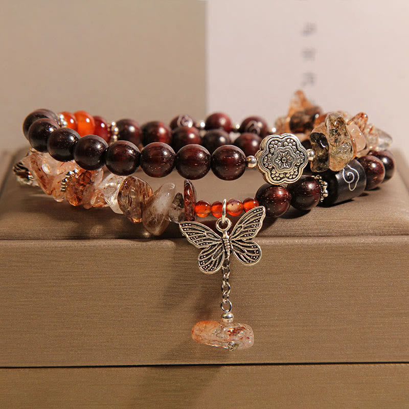 KarmaRipple's Authentic Rutilated Quartz Small Leaf Red Sandalwood Wealth Butterfly Talisman Bracelet p1