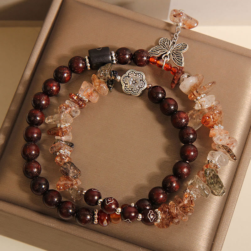 KarmaRipple's Authentic Rutilated Quartz Small Leaf Red Sandalwood Wealth Butterfly Talisman Bracelet p3