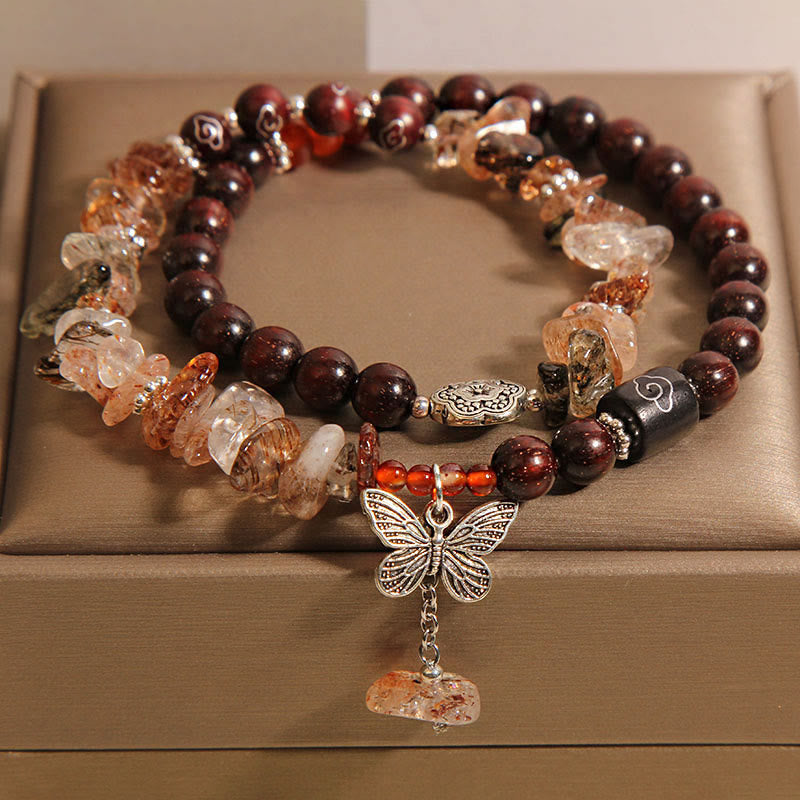 KarmaRipple's Authentic Rutilated Quartz Small Leaf Red Sandalwood Wealth Butterfly Talisman Bracelet p5