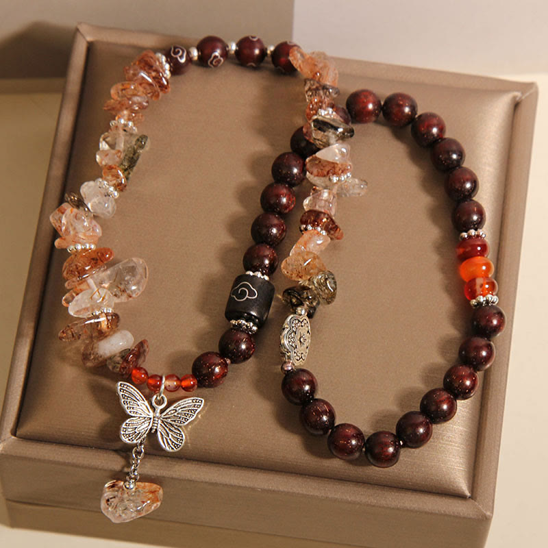 KarmaRipple's Authentic Rutilated Quartz Small Leaf Red Sandalwood Wealth Butterfly Talisman Bracelet p4