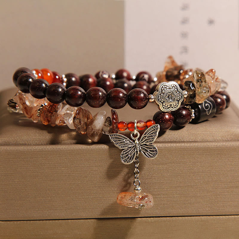 KarmaRipple's Authentic Rutilated Quartz Small Leaf Red Sandalwood Wealth Butterfly Talisman Bracelet p6