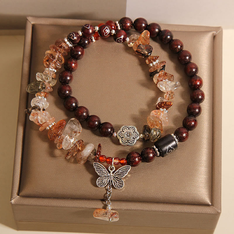 KarmaRipple's Authentic Rutilated Quartz Small Leaf Red Sandalwood Wealth Butterfly Talisman Bracelet p2