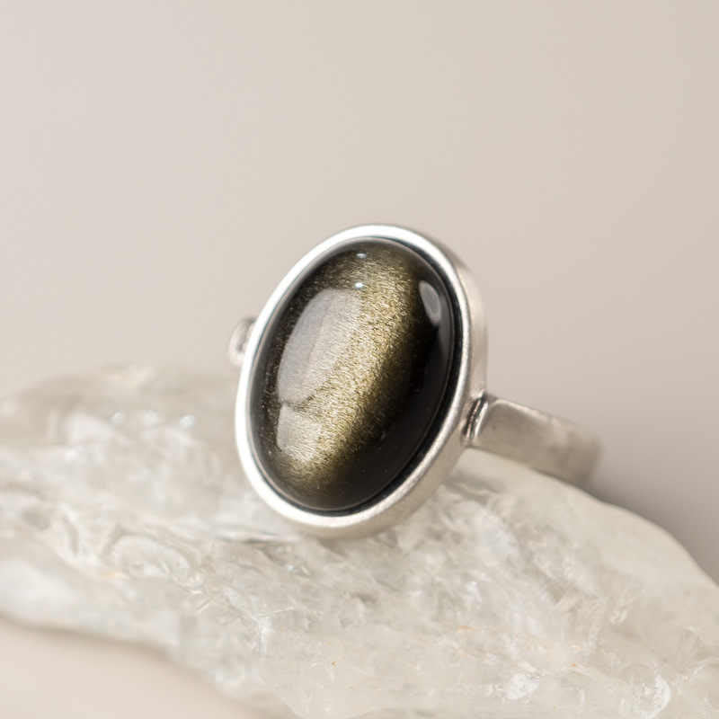 KarmaRipple's Authentic 925 Sterling Silver Gold Sheen Obsidian Adjustable Wealth Ring p9