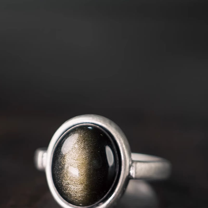 KarmaRipple's Authentic 925 Sterling Silver Gold Sheen Obsidian Adjustable Wealth Ring p5