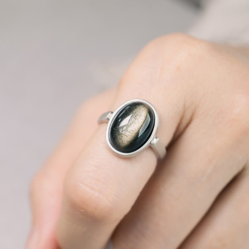 KarmaRipple's Authentic 925 Sterling Silver Gold Sheen Obsidian Adjustable Wealth Ring p2
