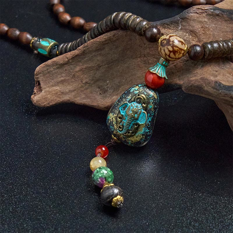 KarmaRipple's Tibetan Handmade Wenge Wood Protection Dzi Bead Elephant Head Pendant Necklace p13