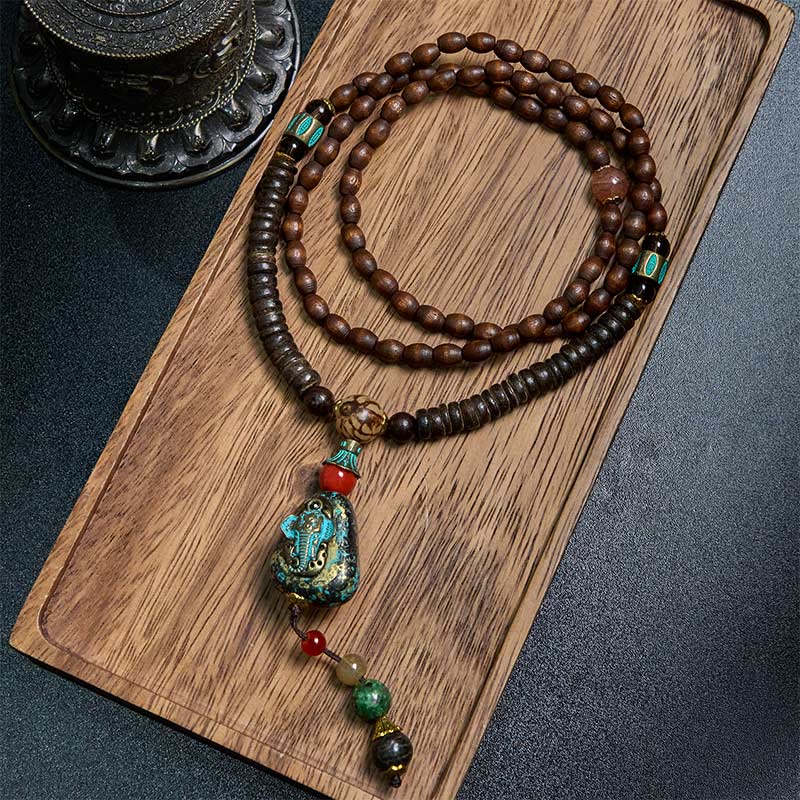 KarmaRipple's Tibetan Handmade Wenge Wood Protection Dzi Bead Elephant Head Pendant Necklace p17