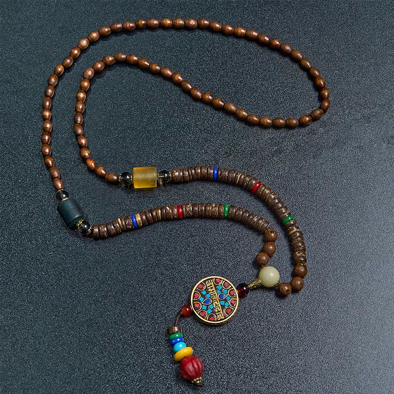 KarmaRipple's Tibetan Handmade Coconut Shell Schima Wood Great Bright Mantra Bronze Bead Balance Pendant Necklace p3