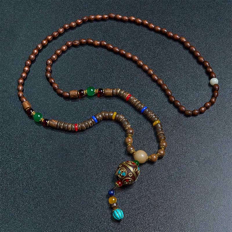 KarmaRipple's Tibetan Handmade Coconut Shell Schima Wood Great Bright Mantra Bronze Bead Balance Pendant Necklace p9