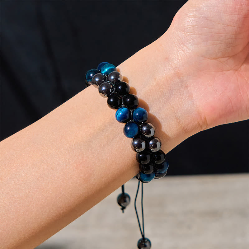 KarmaRipple's Authentic Blue Tiger Eye Black Magnetite Black Obsidian Double Row Beadwork Protection Bracelet p4