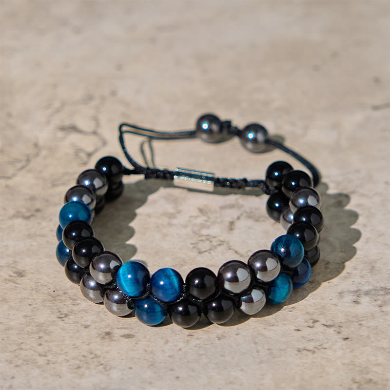 KarmaRipple's Authentic Blue Tiger Eye Black Magnetite Black Obsidian Double Row Beadwork Protection Bracelet p1