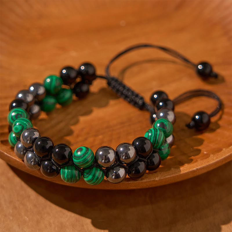 KarmaRipple's Authentic Malachite Black Magnetite Black Obsidian Double Row Beadwork Anti-Anxiety Bracelet p2