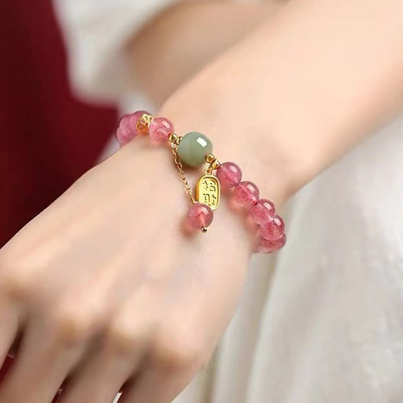 KarmaRipple's Authentic Strawberry Quartz Fu Character Jade Positive Balancing Bracelet p4