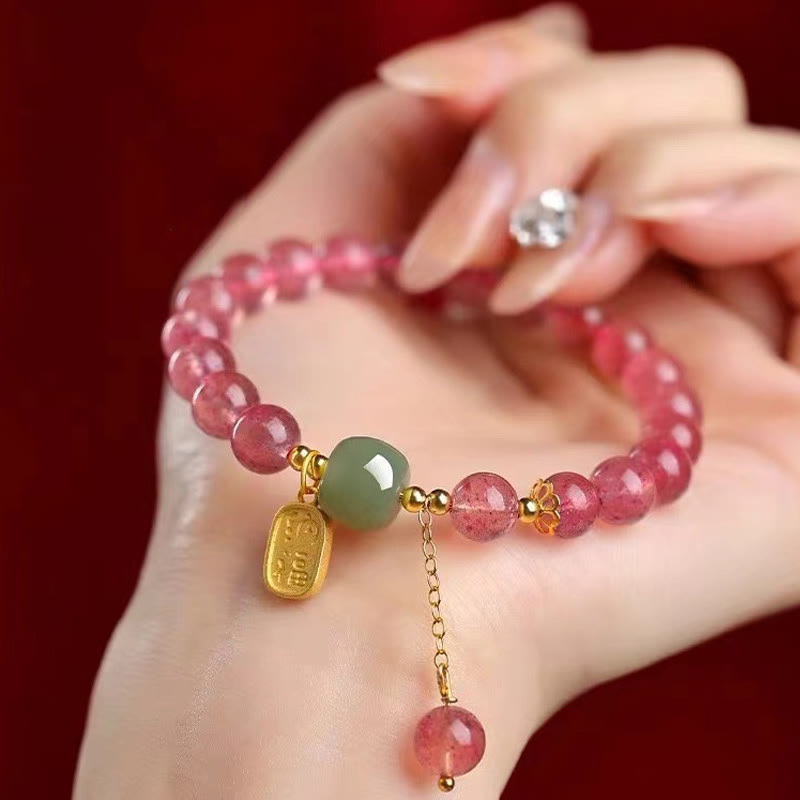 KarmaRipple's Authentic Strawberry Quartz Fu Character Jade Positive Balancing Bracelet p3