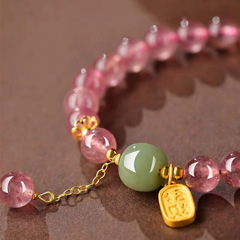 KarmaRipple's Authentic Strawberry Quartz Fu Character Jade Positive Balancing Bracelet p2