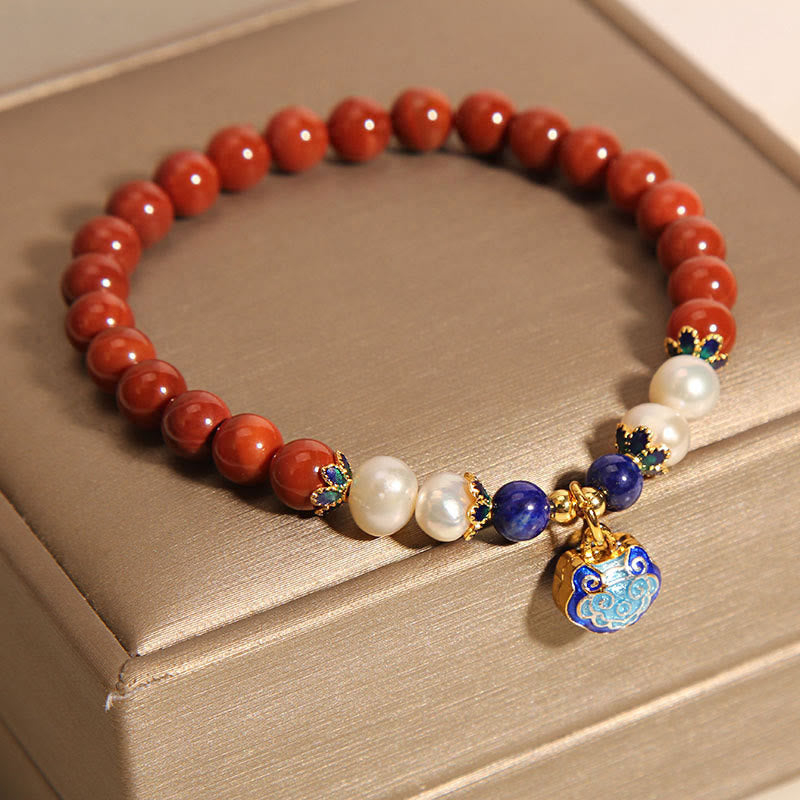 KarmaRipple's Authentic South Red Agate Pearl Peace Lock Talisman Positive Bracelet p4