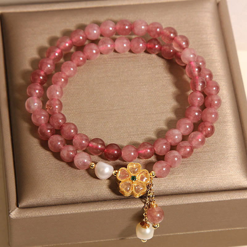 KarmaRipple's Strawberry Quartz Four Leaf Clover Double Wrap Design Positive Bracelet p4