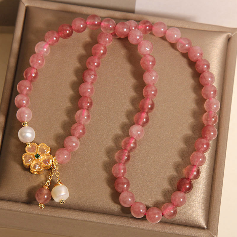 KarmaRipple's Strawberry Quartz Four Leaf Clover Double Wrap Design Positive Bracelet p9