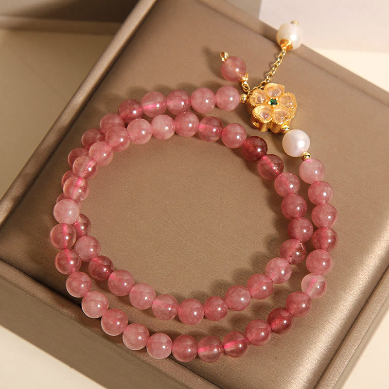 KarmaRipple's Strawberry Quartz Four Leaf Clover Double Wrap Design Positive Bracelet p5