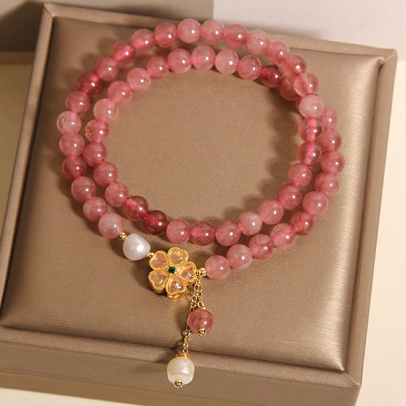 KarmaRipple's Strawberry Quartz Four Leaf Clover Double Wrap Design Positive Bracelet p8