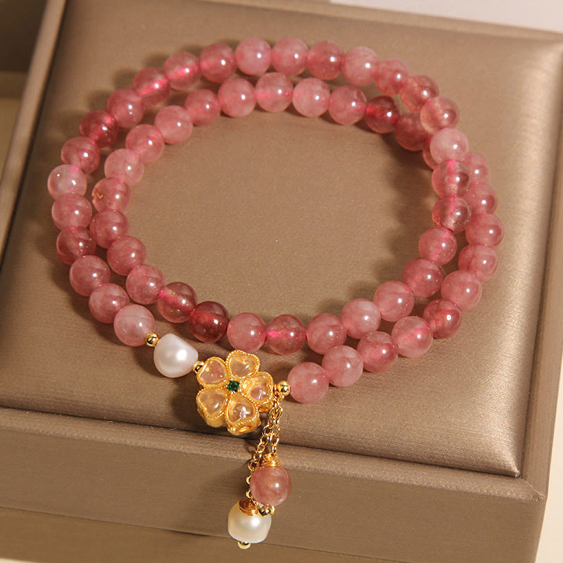 KarmaRipple's Strawberry Quartz Four Leaf Clover Double Wrap Design Positive Bracelet p7