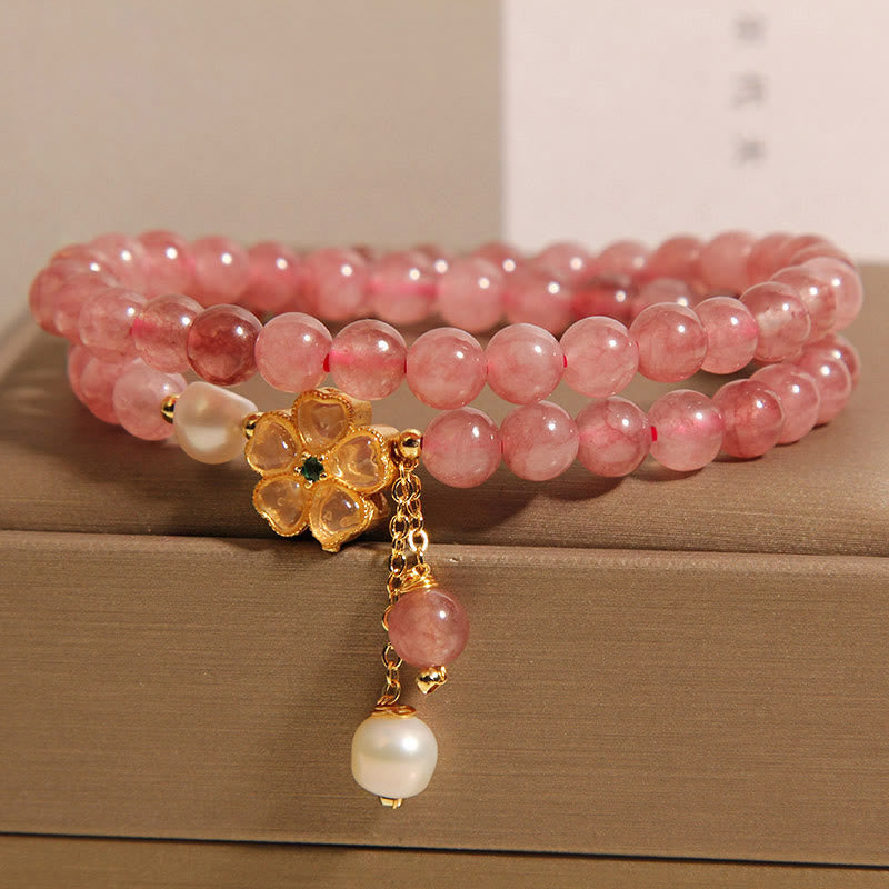KarmaRipple's Strawberry Quartz Four Leaf Clover Double Wrap Design Positive Bracelet p2