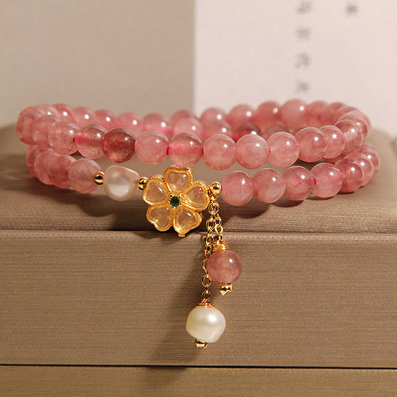 KarmaRipple's Strawberry Quartz Four Leaf Clover Double Wrap Design Positive Bracelet p3