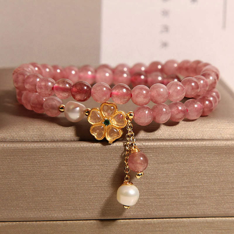 KarmaRipple's Strawberry Quartz Four Leaf Clover Double Wrap Design Positive Bracelet p1