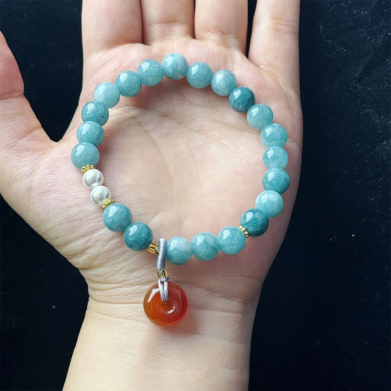 KarmaRipple's Blue Jade Peace Buckle Pearl Beadwork Prosperity Bracelet p1