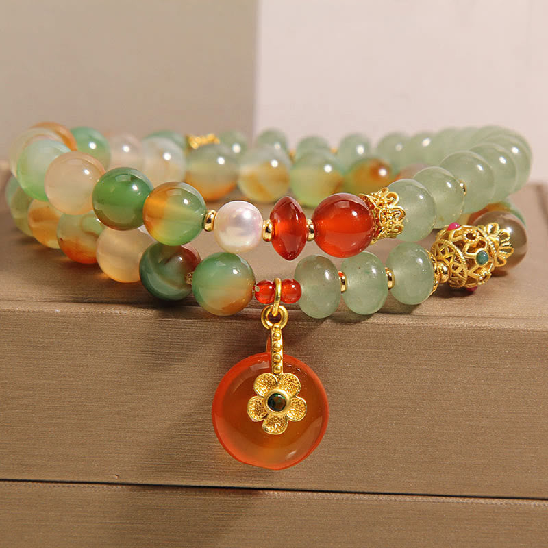 KarmaRipple's Authentic Colorful Peacock Agate Flower Peace Buckle Pearl Double Layer Support Bracelet p1