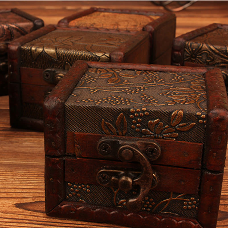 KarmaRipple's Retro Small Square Wood Jewelry Box Lotus Grass Flower Grape Bronze Coin Daffodil Jewelry Storage Box p17