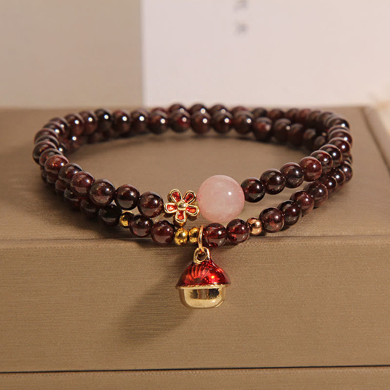KarmaRipple's Authentic 3mm Ultra-thin Garnet Rose Quartz Beadwork Money Bag Bell Flower Protection Bracelet p2